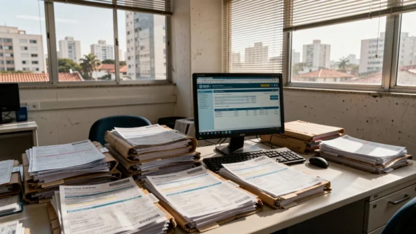Documentos fiscais e computador representando NFS-e nacional no Simples Nacional