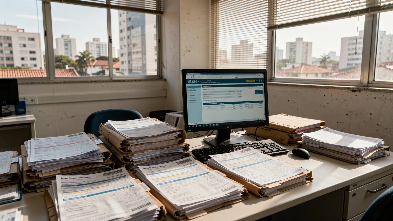 Documentos fiscais e computador representando NFS-e nacional no Simples Nacional