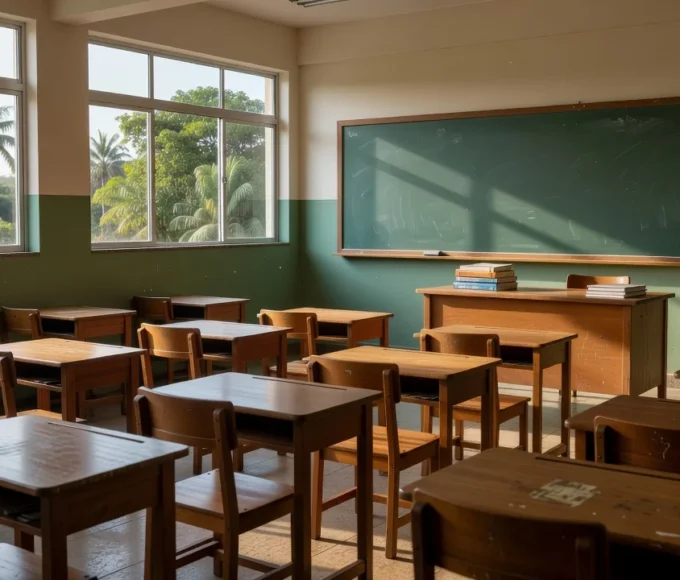 Sala de aula em escola pública brasileira sobre convocação de professores pela Seduc