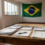 Documentos eleitorais e bandeira em ambiente de campanha política no Brasil