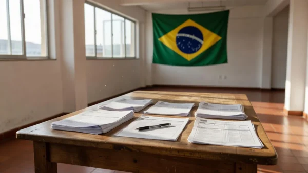 Documentos eleitorais e bandeira em ambiente de campanha política no Brasil