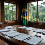 Documentos de pacto contra desinformação assinados em sala em Rondônia