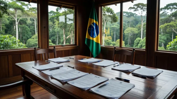 Documentos de pacto contra desinformação assinados em sala em Rondônia