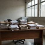 Documentos em mesa de escritório público em Rondônia sobre recursos contra violência à mulher