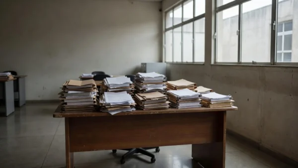 Documentos em mesa de escritório público em Rondônia sobre recursos contra violência à mulher