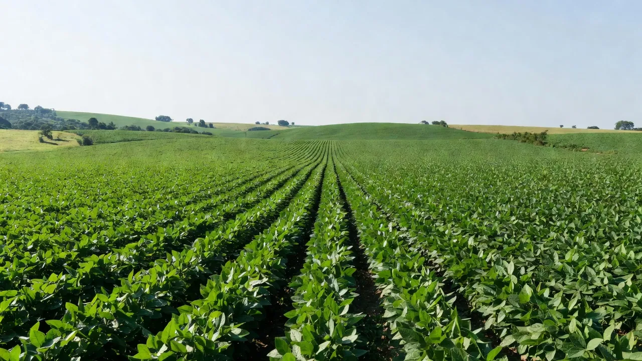 Lavoura de soja no Paraná com plantas verdes sob céu claro