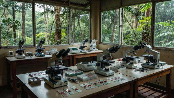 Laboratório em Porto Velho com equipamentos para diagnóstico de malária