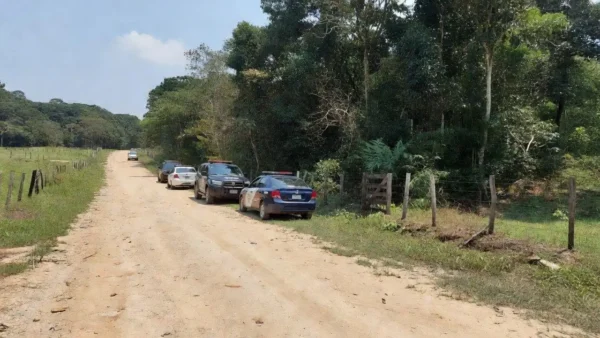 Viaturas policiais em estrada rural de Minas Gerais após recaptura de criminosos