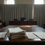 Documentos judiciais em tribunal brasileiro simbolizando medidas protetivas da Lei Maria da Penha
