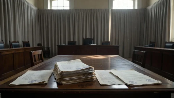 Documentos judiciais em tribunal brasileiro simbolizando medidas protetivas da Lei Maria da Penha