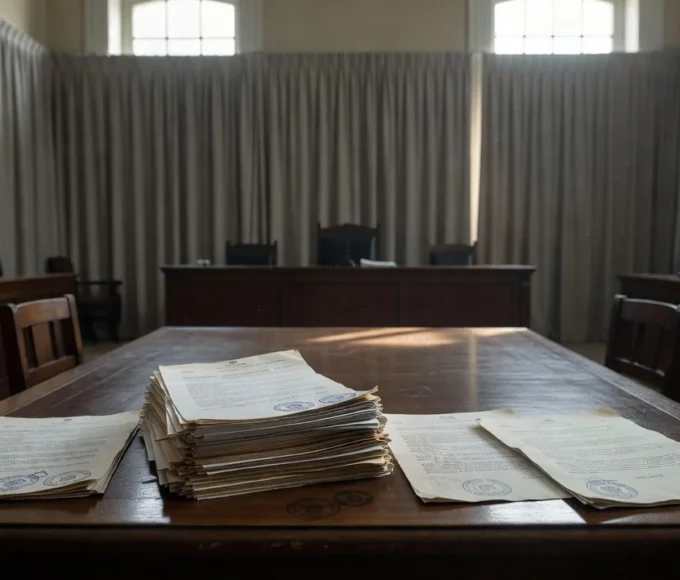 Documentos judiciais em tribunal brasileiro simbolizando medidas protetivas da Lei Maria da Penha