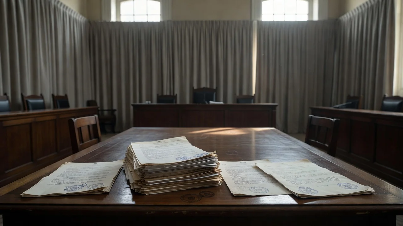 Documentos judiciais em tribunal brasileiro simbolizando medidas protetivas da Lei Maria da Penha