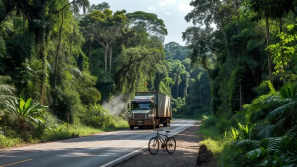 Rodovia BR-319 em Ariquemes com carreta e bicicleta após colisão