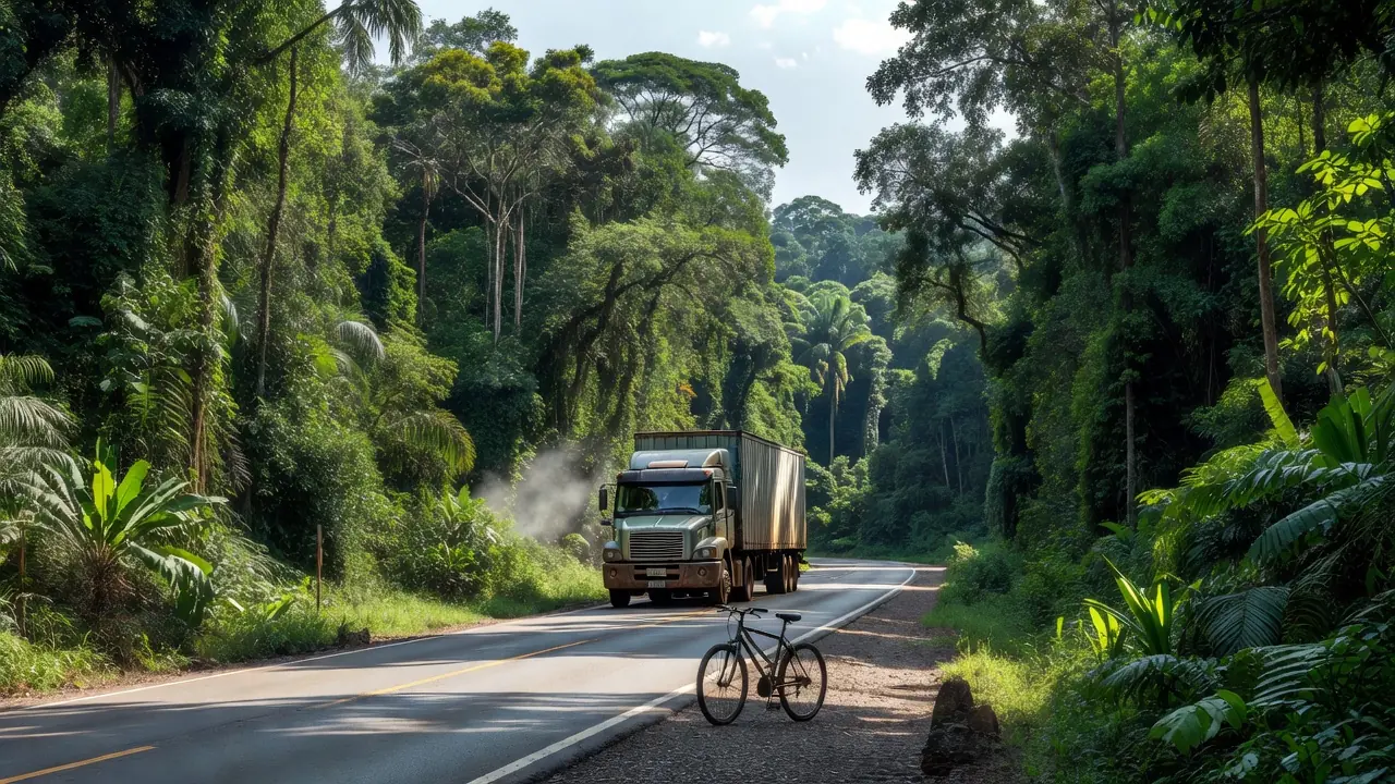 Rodovia BR-319 em Ariquemes com carreta e bicicleta após colisão