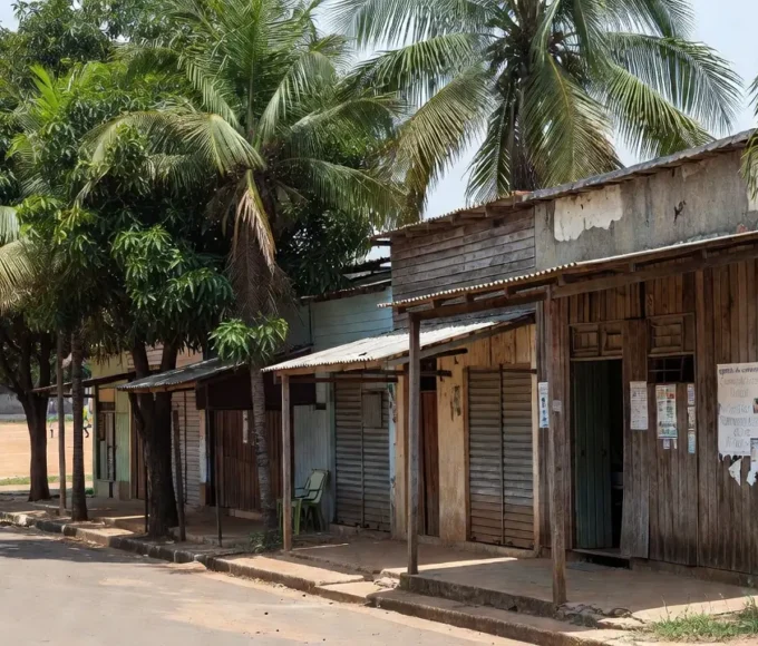 Rua comercial em Ariquemes com lojas e campo esportivo, agenda de campanha