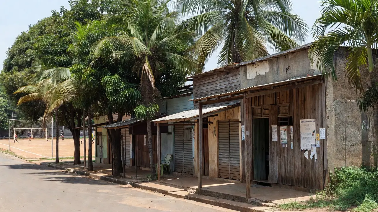 Rua comercial em Ariquemes com lojas e campo esportivo, agenda de campanha
