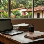 Mesa de escritório com laptop e documentos em Ariquemes, Rondônia