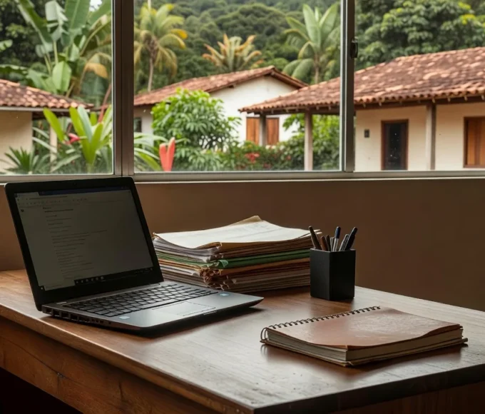 Mesa de escritório com laptop e documentos em Ariquemes, Rondônia