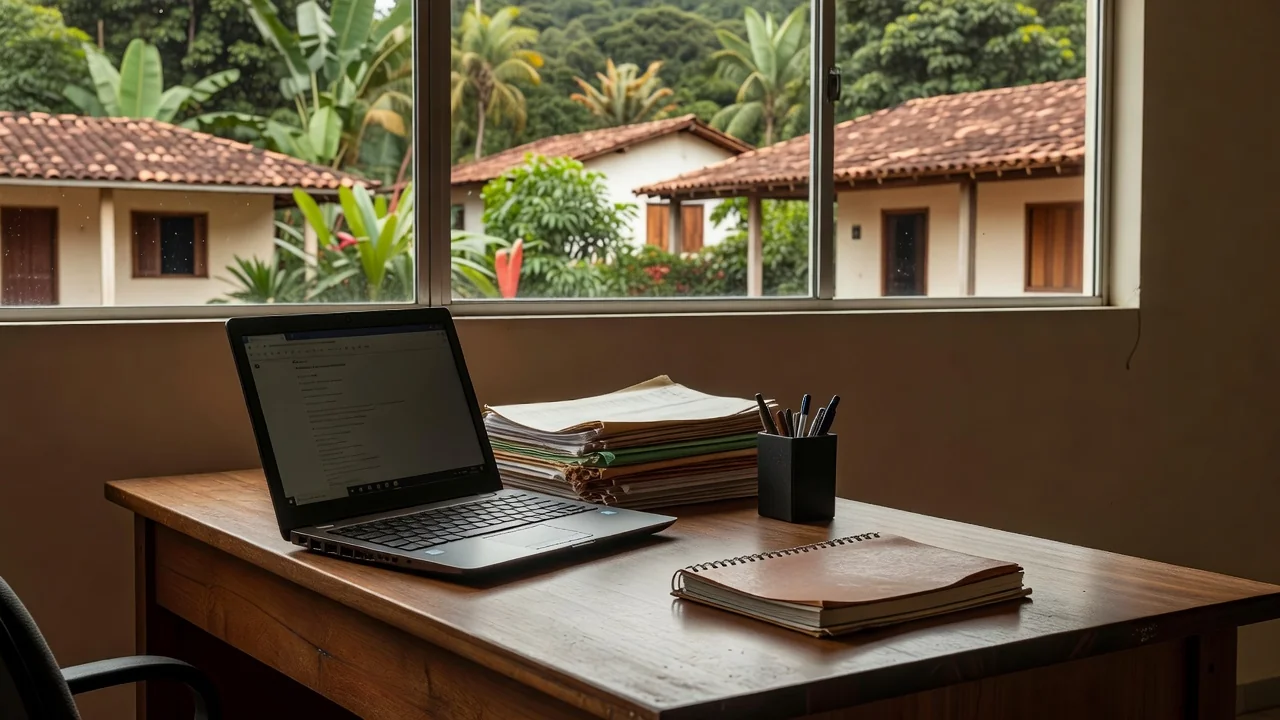 Mesa de escritório com laptop e documentos em Ariquemes, Rondônia